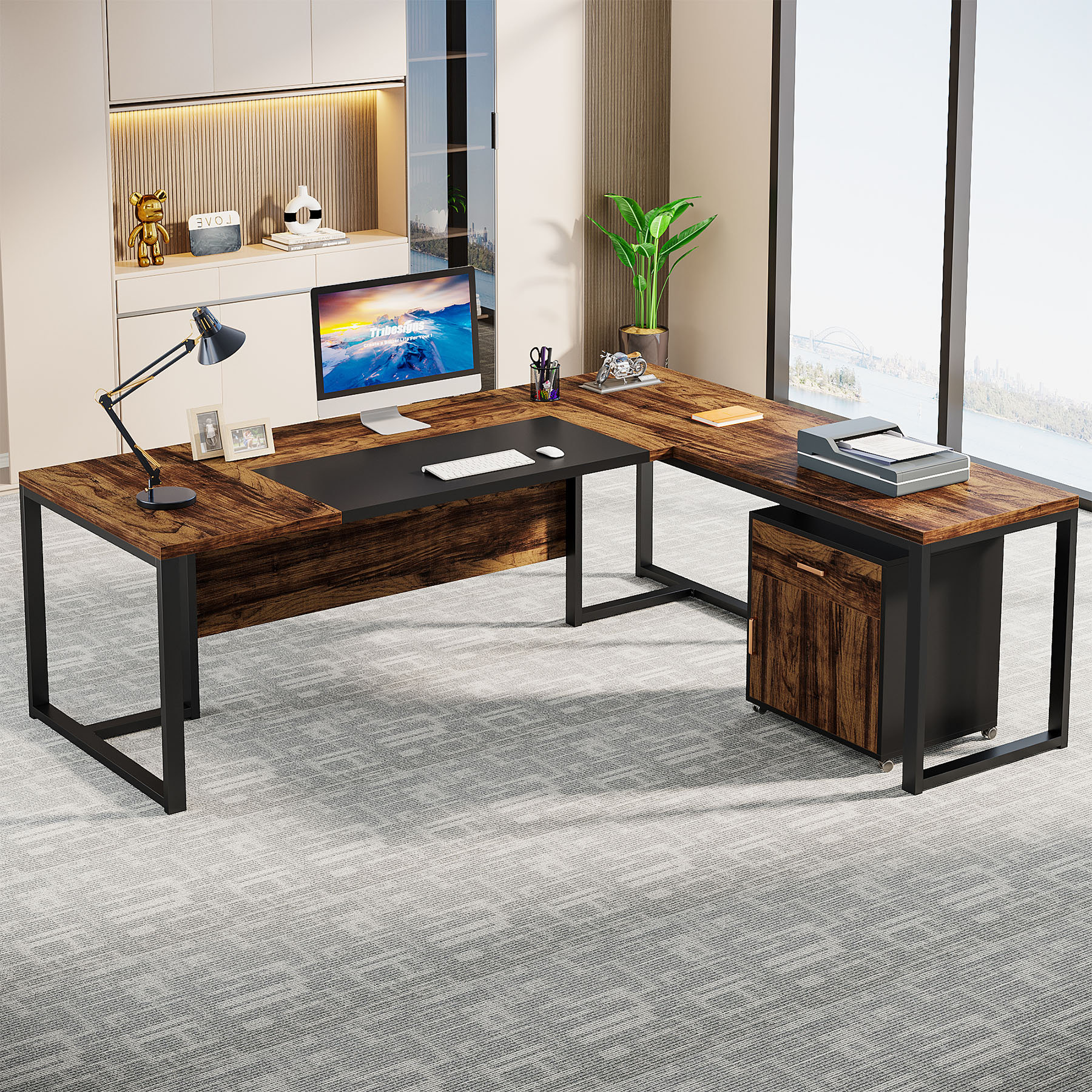L shaped office desk with filing cabinet discount